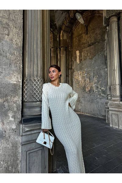 Askı Nişantaşı White Braided Ecru Knitwear Dress - Crew Neck 101-01382