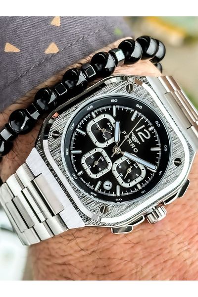 FERRO Men's Wristwatch - Silver Color, Steel Cord, Active Functions Rosary and Bracelet