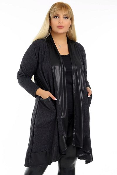 Kheos Special Design Cape Style Leather Detailed Flexible Flowy Long Cardigan