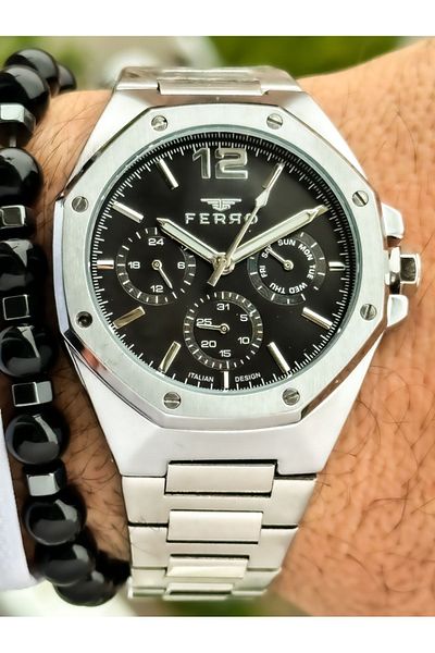 FERRO Men's Silver Wristwatch - Steel Cord, Activated Functions, Bracelet Rosary