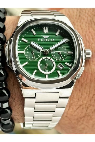 FERRO Men's Silver Colored Green Dial Steel Corded Functional Bracelet Rosary