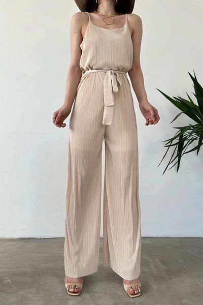 bacc Beige Crinkle Jumpsuit with Rope Straps and Belted, Bcdf-241077
