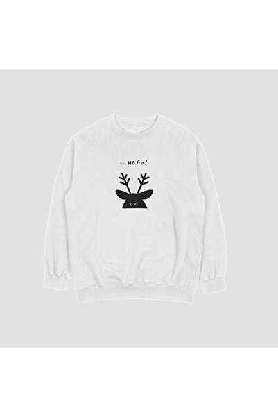 FECCY Unisex White New Year Hohoho Deer Printed Oversize Hoodless Sweatshirt