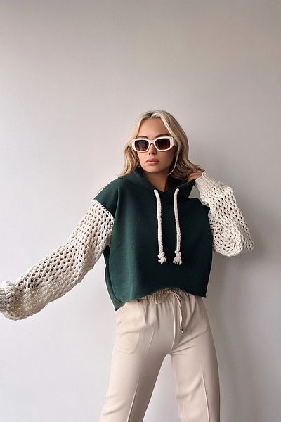 bacc Women's Khaki Hooded Sleeves Knitwear Knitted Crop Sweatshirt Bc 231021