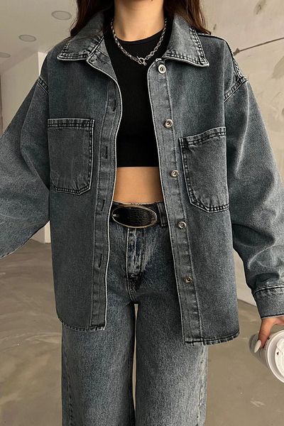 bacc Anthracite Denim Shirt Jacket - Double Pocket and Washable Women's Model Bcdf-235403