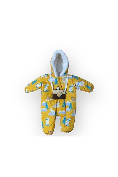 aydino kids Penguin and Teddy Bear Printed Hooded Cosmonaut Jumpsuit Coat with Fleece Inside