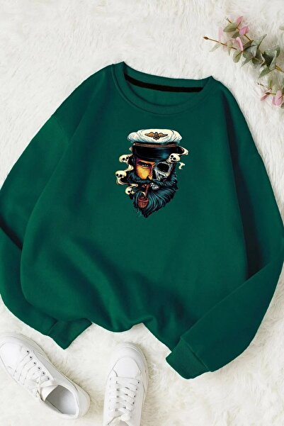 FECCY Πράσινο Φούτερ Unisex Oversize από βαμβάκι με στάμπα Digital Pirate - Λ...