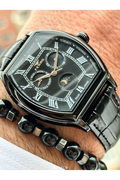 FERRO Ferrro Brand Black Leather Cord Functions Active Men's Wristwatch Bracelet Rosary