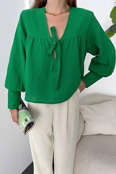 Green Collar Tied Basic Krinkle Blouse