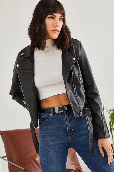 You&More Schwarze Damenlederjacke mit Reißverschlussärmeln
