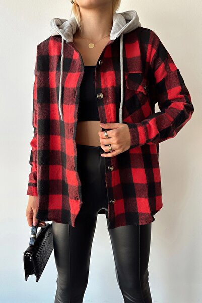 bacc Kadın Kırmızı Kapüşonlu Ekose Desenli Oversize Kaşe Gömlek Bcpk-236004