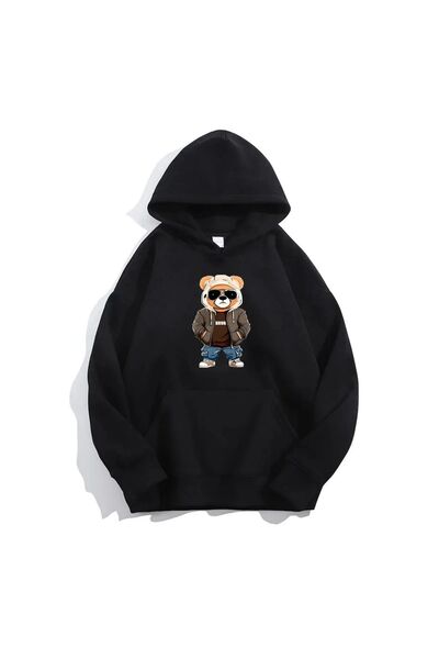 FECCY Hanorac negru unisex supradimensionat din bumbac cu imprimeu ursuleț