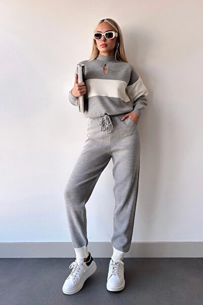 bacc Grimelange Women's Knitwear Tracksuit Set - Stand Collar, Stripe Block, ...
