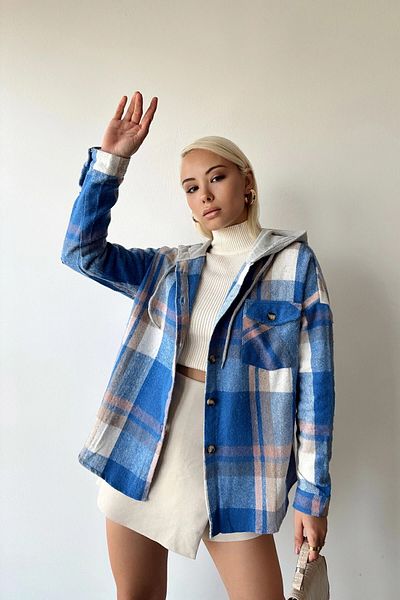 bacc Cămașă oversize din cașmir cu glugă albastră pentru femei Bcpk- 236004