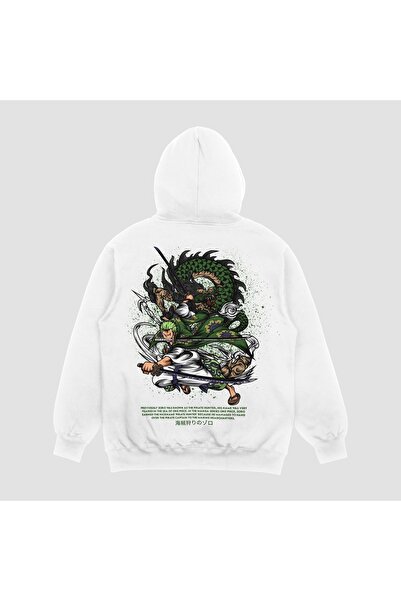 FECCY Hanorac unisex alb cu imprimeu Zoro, supradimensionat, cu glugă