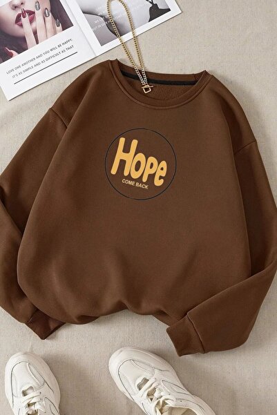 FECCY Hanorac unisex supradimensionat din bumbac cu imprimeu Brown Hope - Dec...