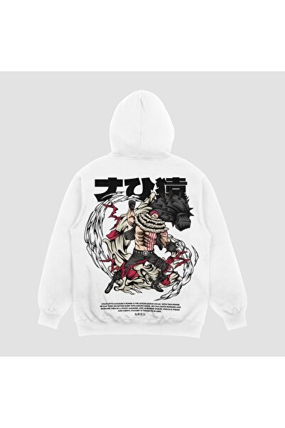FECCY Hanorac unisex alb cu imprimeu Katakuri, supradimensionat, cu glugă