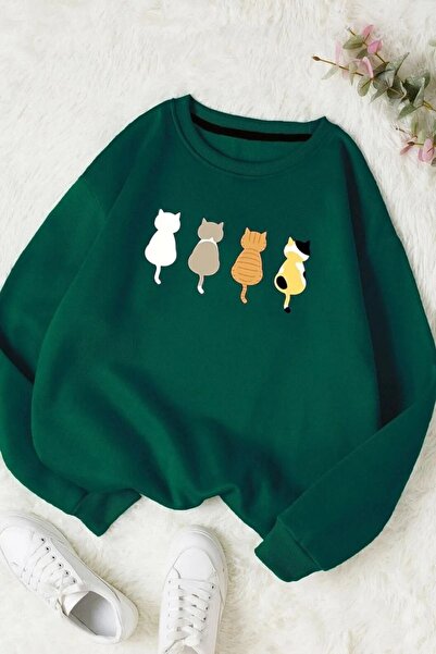 FECCY Hanorac unisex supradimensionat din bumbac cu imprimeu Green Cat