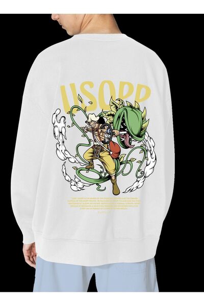 FECCY Unisex Λευκό φούτερ με στάμπα Usopp χωρίς κουκούλα