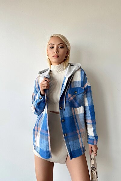 bacc Cămașă oversize din cașmir cu glugă albastră pentru femei Bcpk- 236004