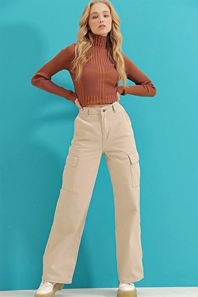 DRC trend Beige Cargo Loose Back Pocketless Lycra Super High Waist Jean Trousers