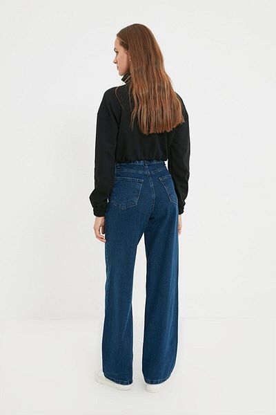 DRC trend Charlotte Blue Inchis Lycra cu talie super inalta Jean cu picior lat Blugi largi cu picioare late