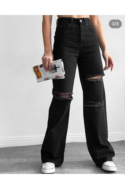 DRC trend Fashion Nova Lycra Loose Women's Black Ripped Super High Waist Loose Leg Denim Jeans