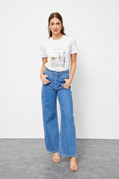 DRC trend Albastru mijlociu - Blugi largi din Lycra cu talie super înaltă Pantaloni Palazzo. (SUPER ÎNALT) Picior lat
