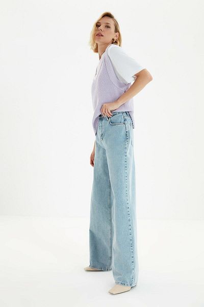 DRC trend Blugi cu talie super înaltă din Lycra albastră Blugi cu picioare largi Pantaloni Palazzo