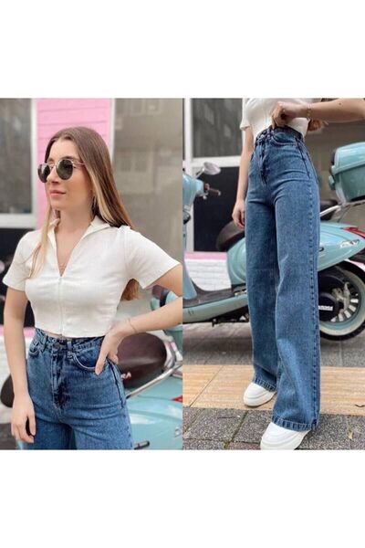 DRC trend Cerny 90's Snow Wash Blue Lycra Blugi largi cu talie super înaltă P...