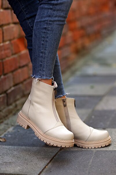 EREN SHOES BAG (İSLAND) Ekru Flotter Gerçek Deri Fermuar Detaylı Kaymaz Taban Bot