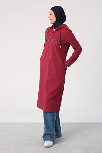 ALLDAY Dark Claret Red Applique Embroidered Double Cord Hooded Cardigan