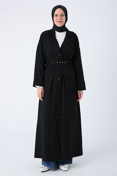 ALLDAY Black Belted Jacket Collared Buttoned Abaya