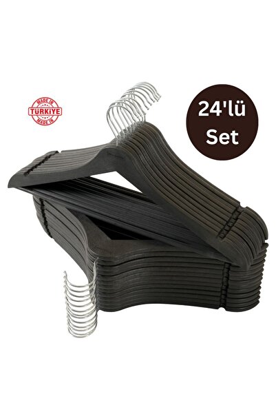 Dorcia Home 24lü set Siyah Askı Ahşap Görünümlü Plastik A Kalite Elbise Kıyafet Askısı 24 Adet