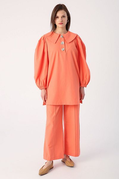 ALLDAY Orange-Gold Buttoned Large Collar Trousers Suit