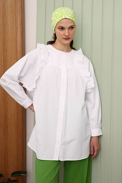 ALLDAY White Ruffle Detailed Cotton Crew Neck Shirt Tunic