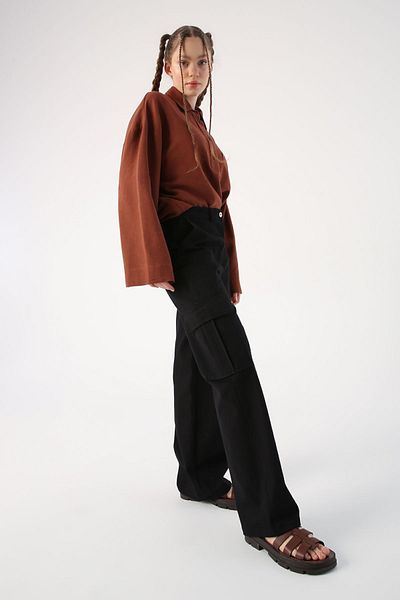 ALLDAY Pantaloni negri din bumbac cargo cu picior largi
