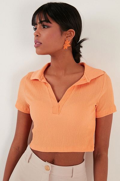 Lela Slim Fit Crop Polo Collar Ribbed Flexible Blouse Blouse 5865035