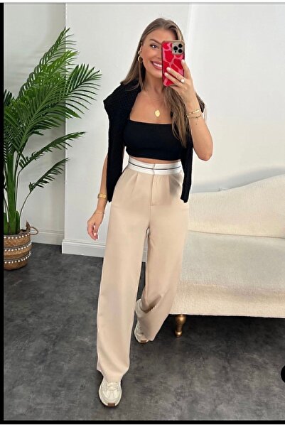 manana fashion Pantaloni palazzo crem cu talie ultra înaltă cu detaliu de curea