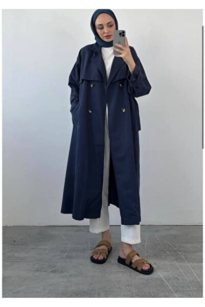 manana fashion Lacivert   Kuşaklı Kruvaze Uzun  Trençkot