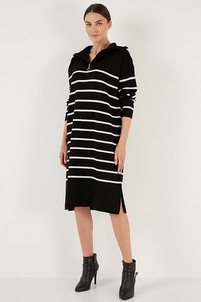 Lela Striped Half Zipper Slit Knitwear Dress DRESS 4615183