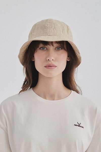 Nordbron Unisex Cream Linen Embroidered Logo Detailed Bucket Hat 100% Cotton Lined Anti-Sweat Nolasco