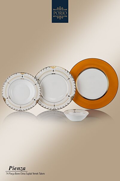 Porio Pienza 74 Parça Bone China 12 Kişilik Suplalı Porselen Yemek Takımı