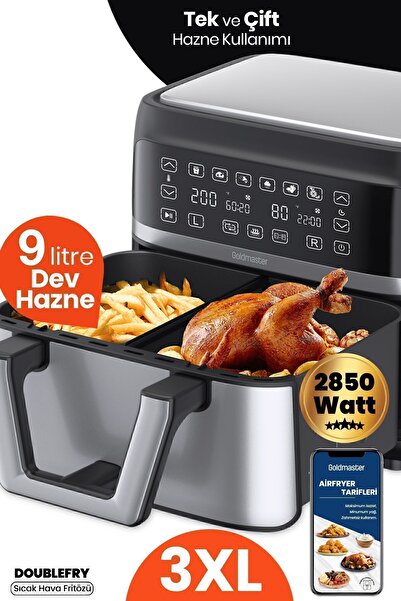 GOLDMASTER Doublefry 2850w 9 Litre 3xl Dev Tek Ve Çift Hazneli Dokunmatik Airfryer Yağsız Sıcak Hava Fritözü