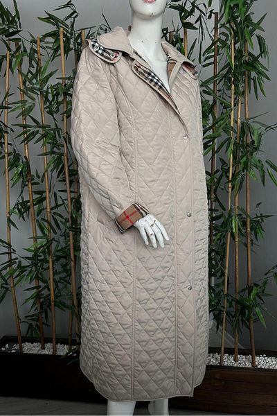 VETRE Women's Large Size Plaid 120 Cm Seasonal Light Beige Quilted Coat 1042