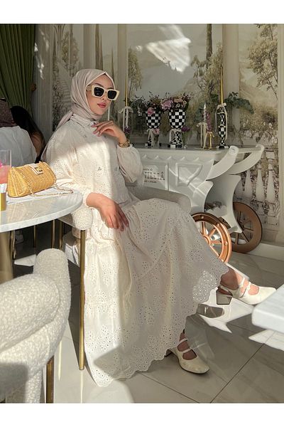 hilla line Stone Detailed Long Skirt Scallop Beige Hijab Set