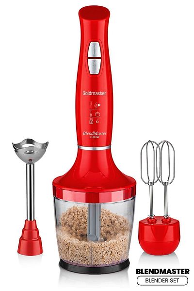 GOLDMASTER Blendmaster Red 1000 Watt Silent Speed Adjustable 3 In 1 Chopper Mixing Blender Set