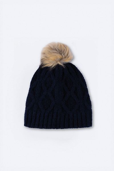 Nordbron Women's Navy Blue Pompom Beret Winter Plain Soft Textured Wool Logo Detailed Basic Nolly Patterned