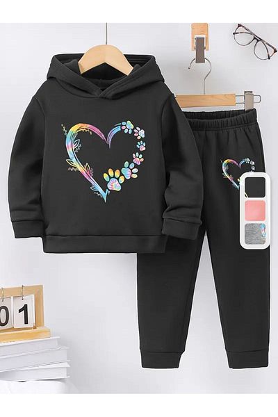 THEKONT Multicolor Butterfly Heart Printed Unisex Hooded Bottom Cotton Tracksuit Set