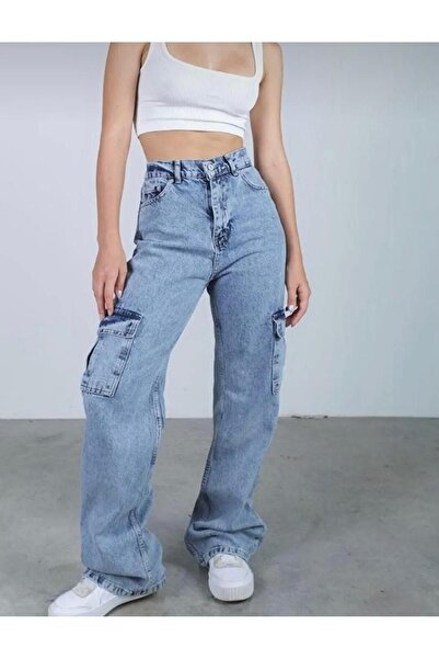 SU SHE WANDER'S Τζιν Palazzo με ψηλή μέση και λύκρα - Φαρδύ με τσέπες cargo.